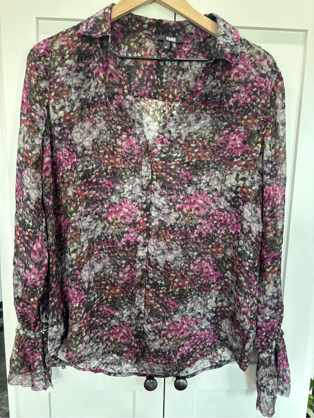 PAIGE Silk Pink Floral Sheer Button-Front Blouse